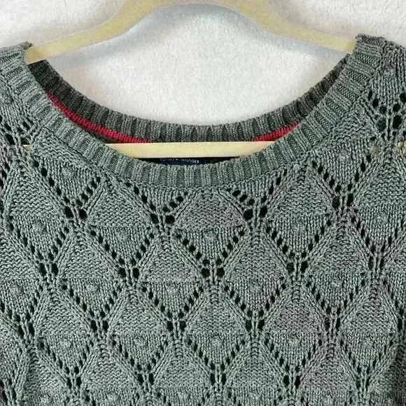 Tommy Hilfiger Sweater Women’s XL Gray Open Diamond Pattern Scoop Neck Knit - Picture 3 of 10